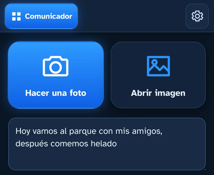 El conversor: botones para hacer una foto o abrir una imagen, y un texto escrito listo para convertir.