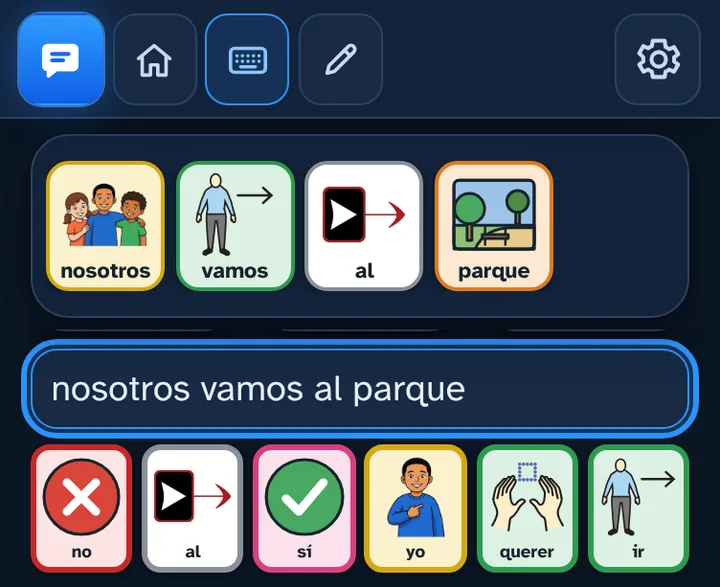 El teclado: se escribe «nosotros ir al parque» y la app pone «nosotros vamos al parque», con un pictograma para cada palabra y pictogramas sugeridos debajo.